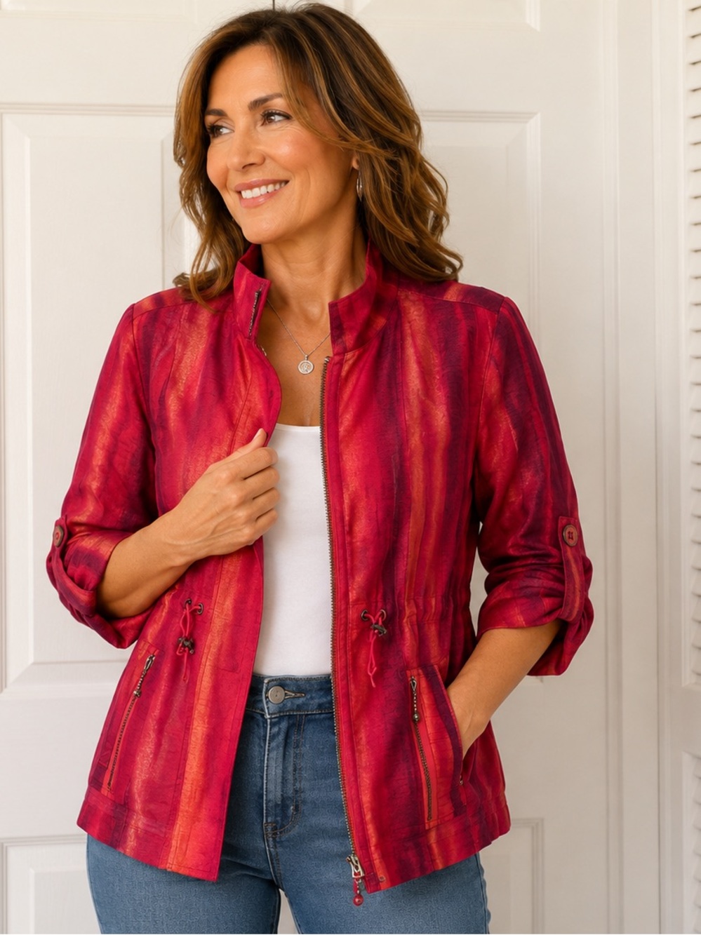 Chico’s Lightweight Zip Front Jacket Tie Dye Utility Jacket Artistic Boho